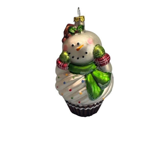 Snowman Cupcake Glass Ornament Blown White Green 4.5" - Picture 2 of 4